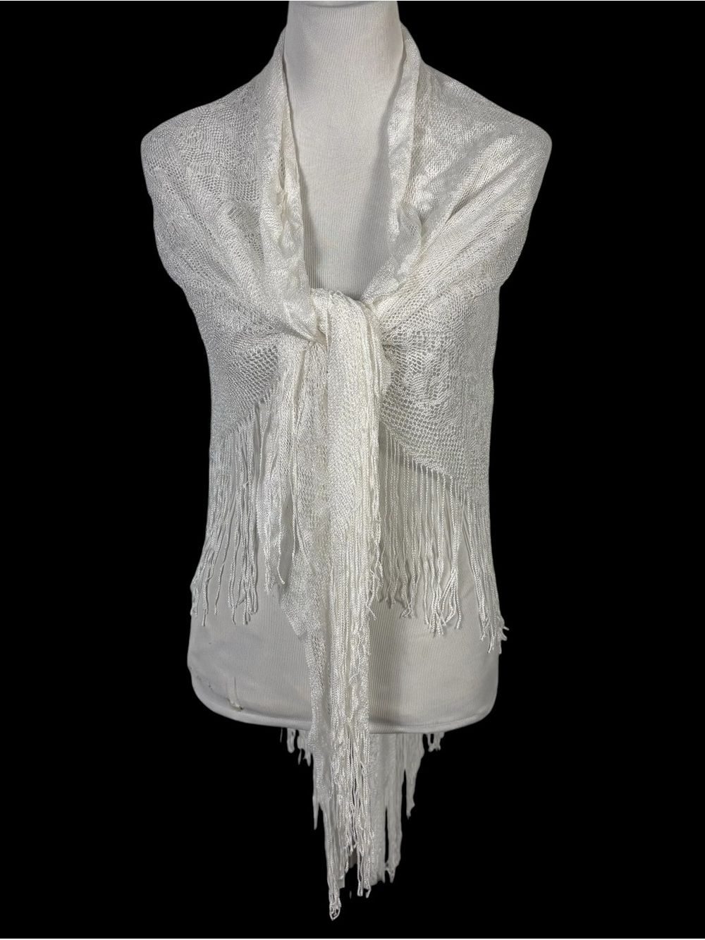 Specialty House VTG White Paisley Scarf Knit Shawl Fringe Granny Cottage Core